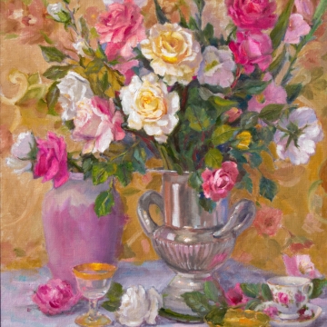 CHALACE WITH ROSES X GLADS 36X30 Liz Maness oil